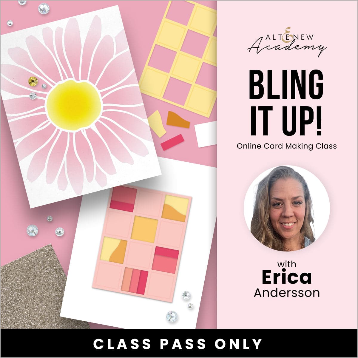 Altenew Bling It Up! workshop class with colorful craft supplies and tools for creating sparkling card embellishments.