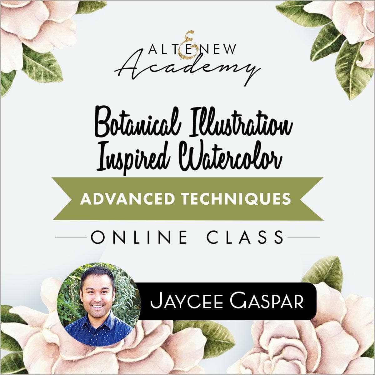 On-demand Altenew watercolor class featuring botanical illustration techniques, with vibrant floral artwork and advanced watercolor methods.
