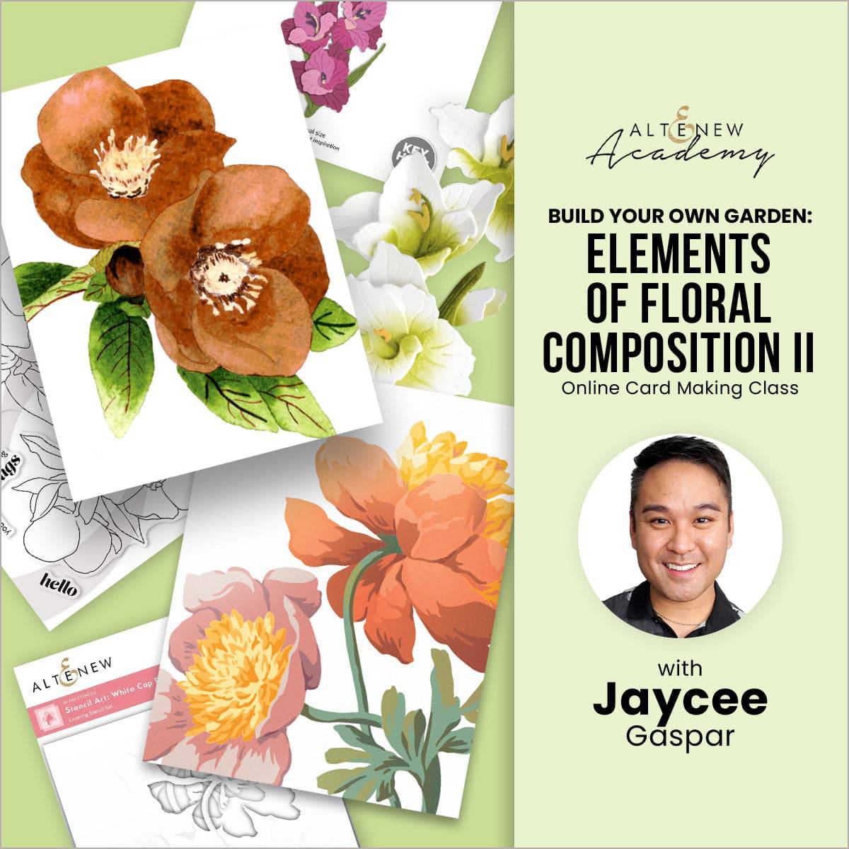 Workshop on building your own garden with Altenew, focusing on floral composition elements and garden design techniques.