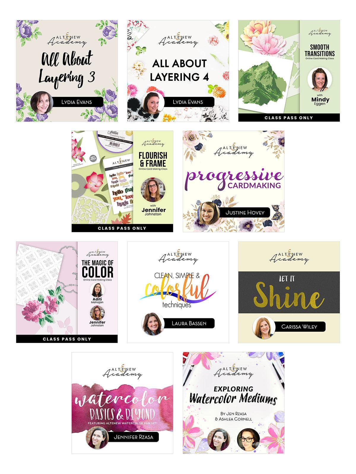 Altenew AECP Level 1 on-demand crafting class bundle showing workshop materials and sample projects for building crafting skills.