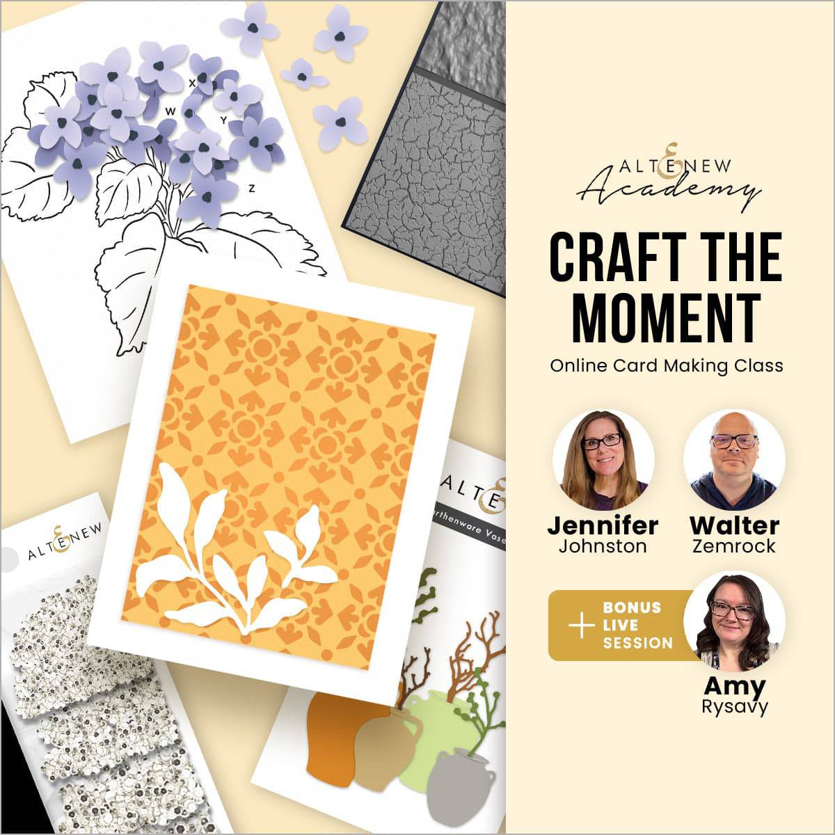Altenew Craft the Moment workshop class image showing crafting supplies and participants engaged in creative paper crafting activities.