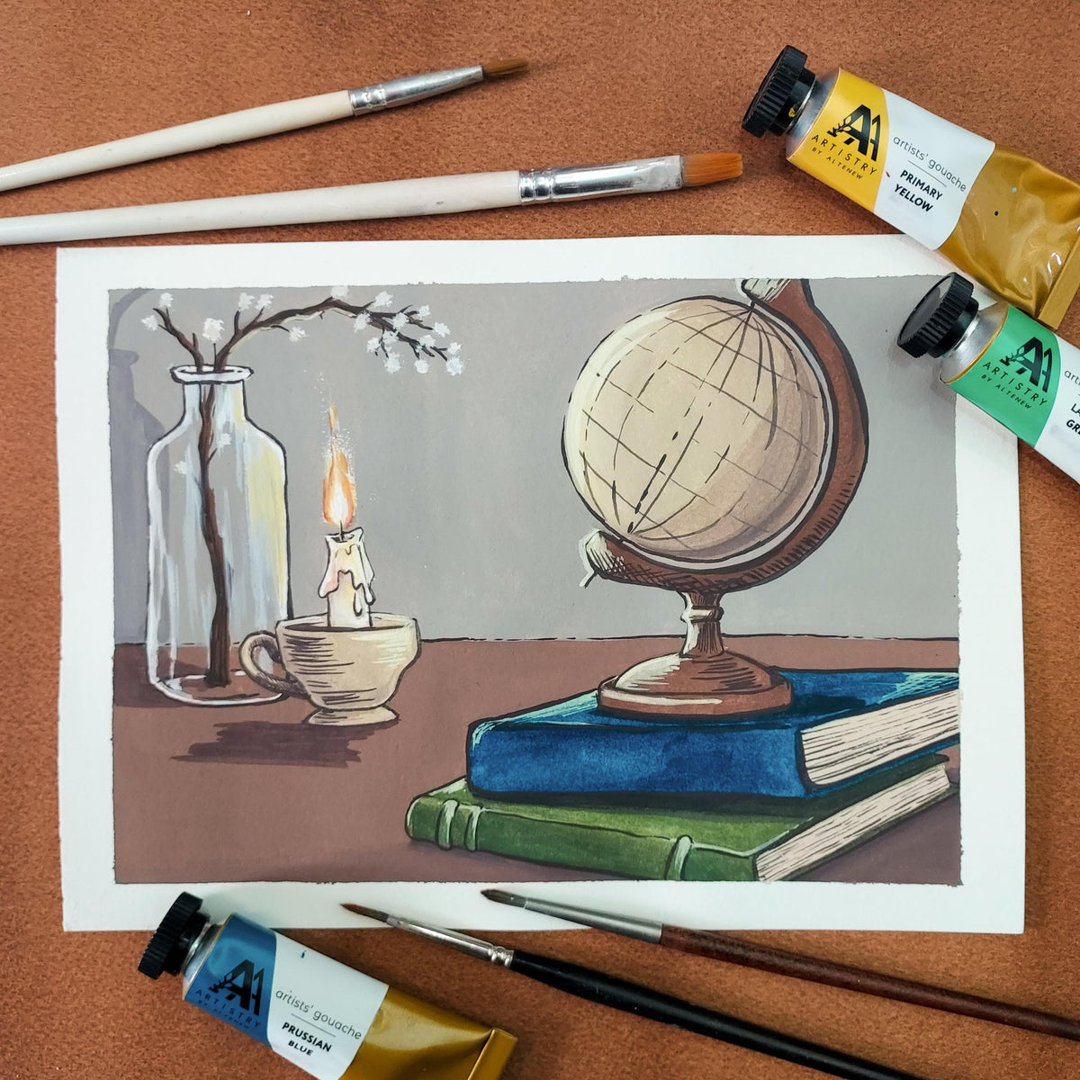 On-demand Altenew crafting class featuring beginner gouache painting techniques with colorful art supplies and instructional materials.