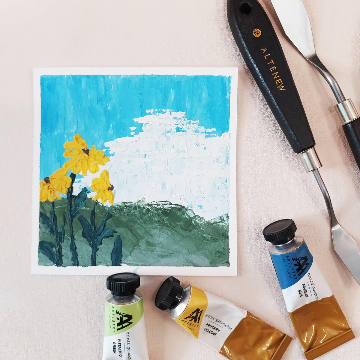On-demand Altenew crafting class on getting started with gouache painting, featuring instructional visuals and sample artwork.