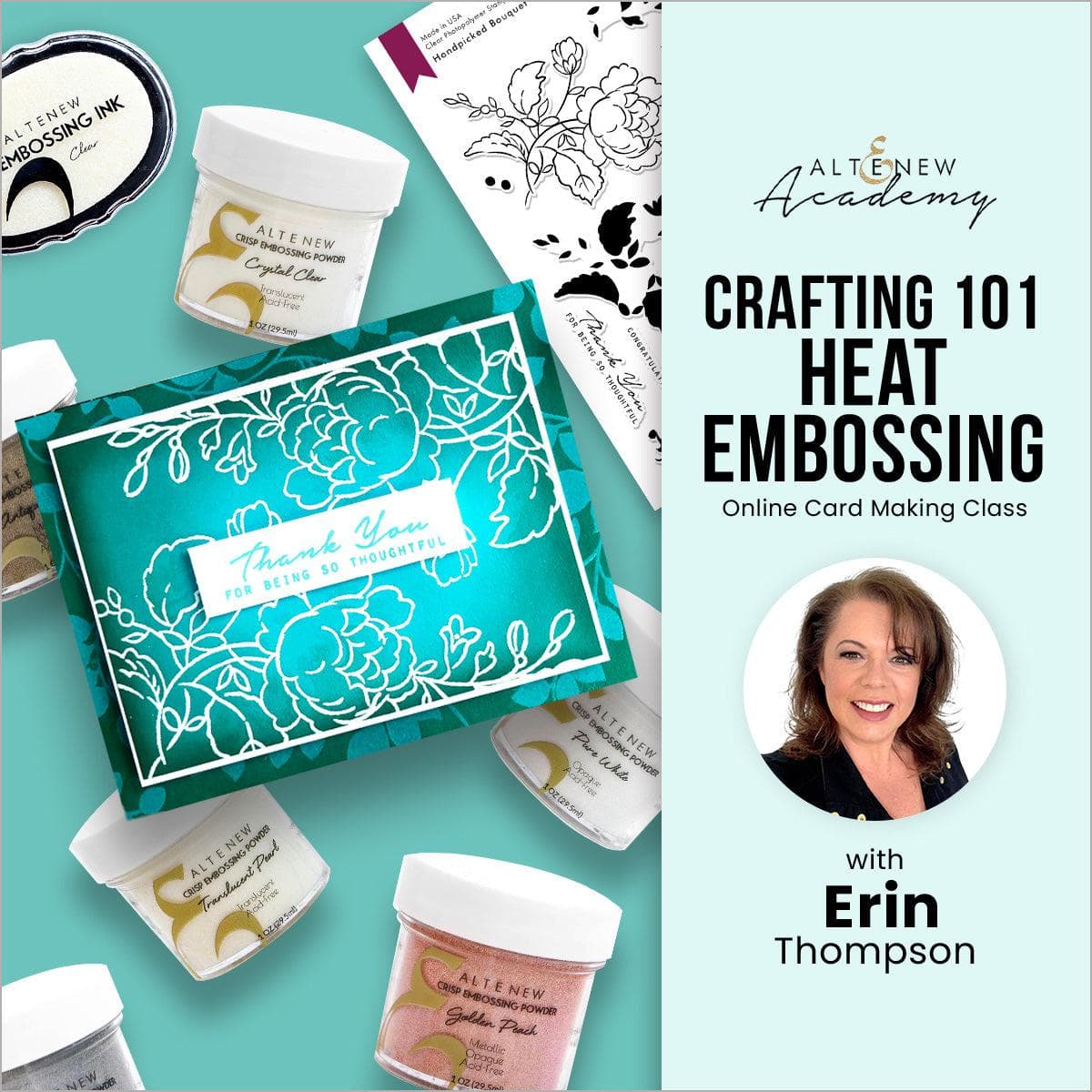 Altenew Crafting 101 heat embossing online cardmaking class on demand, featuring a craft workspace with embossing tools and supplies.