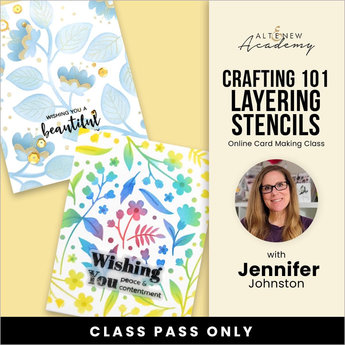 Altenew Crafting 101 Layering Stencils on demand class showing stencils and crafting tools for paper crafting projects.
