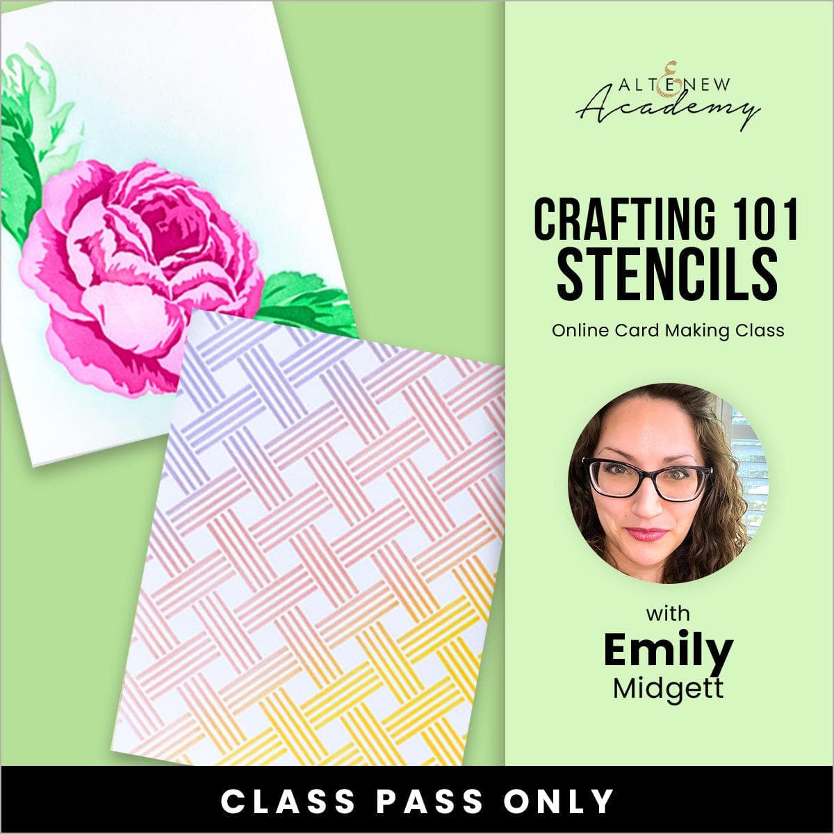 Altenew Crafting 101 stencil online cardmaking class on demand, featuring crafting tools and stencil designs for creative projects.