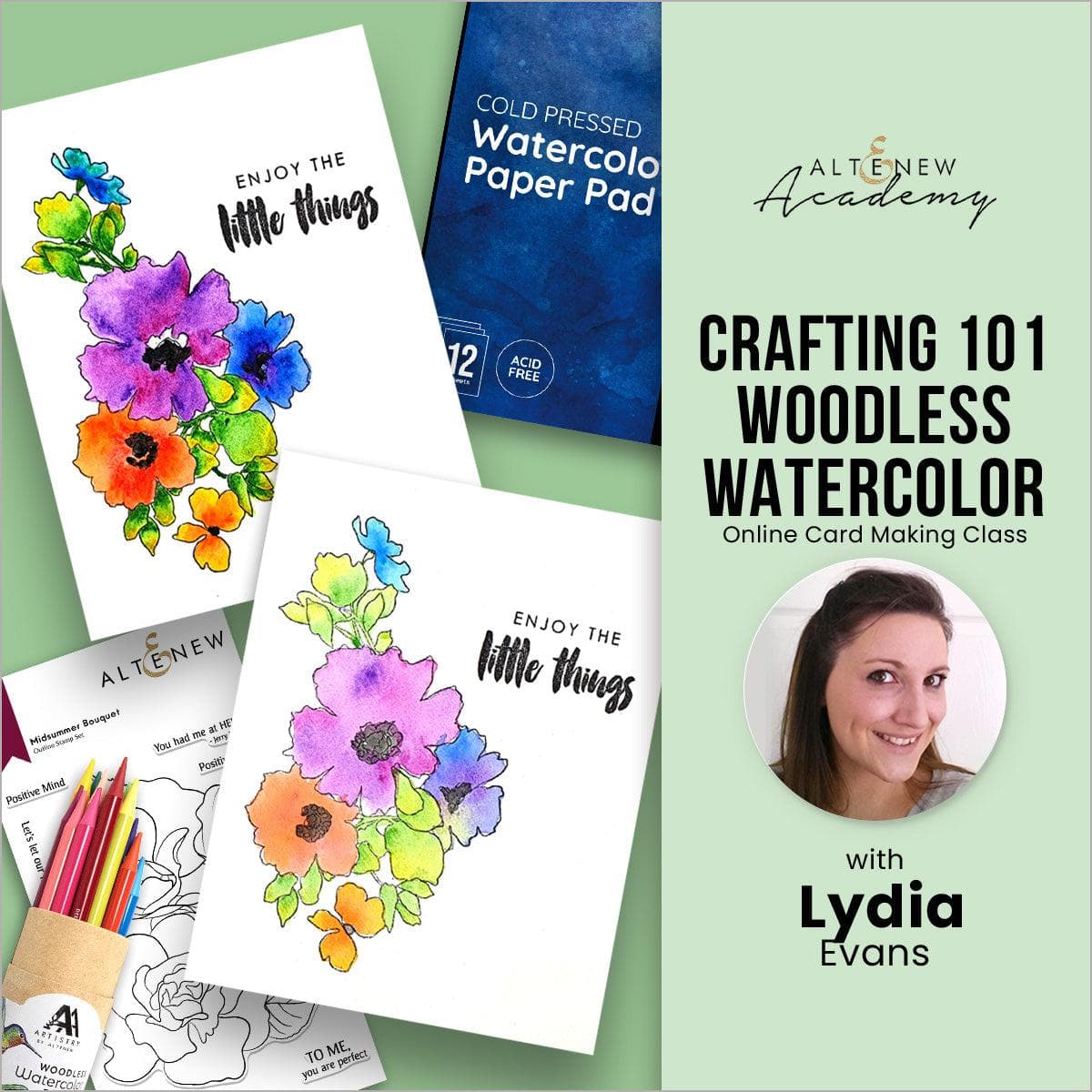 Altenew Crafting 101 Woodless Watercolor Online Cardmaking Class on demand, featuring watercolor techniques and cardmaking supplies.