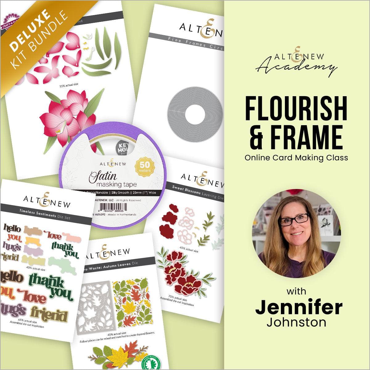Altenew Flourish & Frame simple die-cut floral on demand class showing colorful paper floral designs and crafting tools.