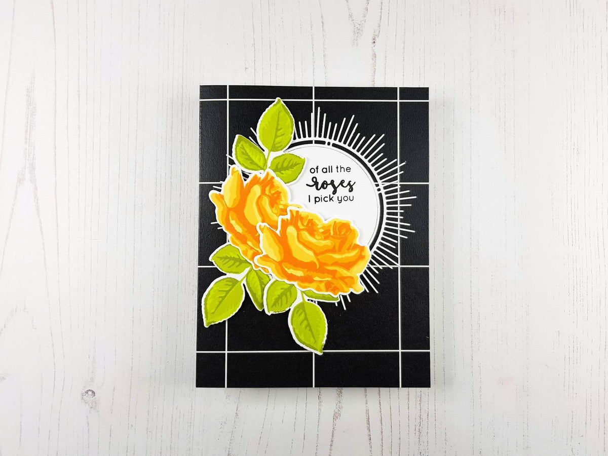 Altenew Layering Die-Cut Frames class image showing a crafting workshop with tools, materials, and sample layered die-cut frames.