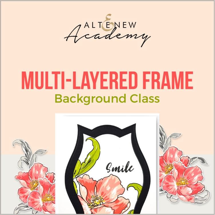 Altenew multi-layered frame background class on demand, showing a colorful layered paper craft with intricate frame design.