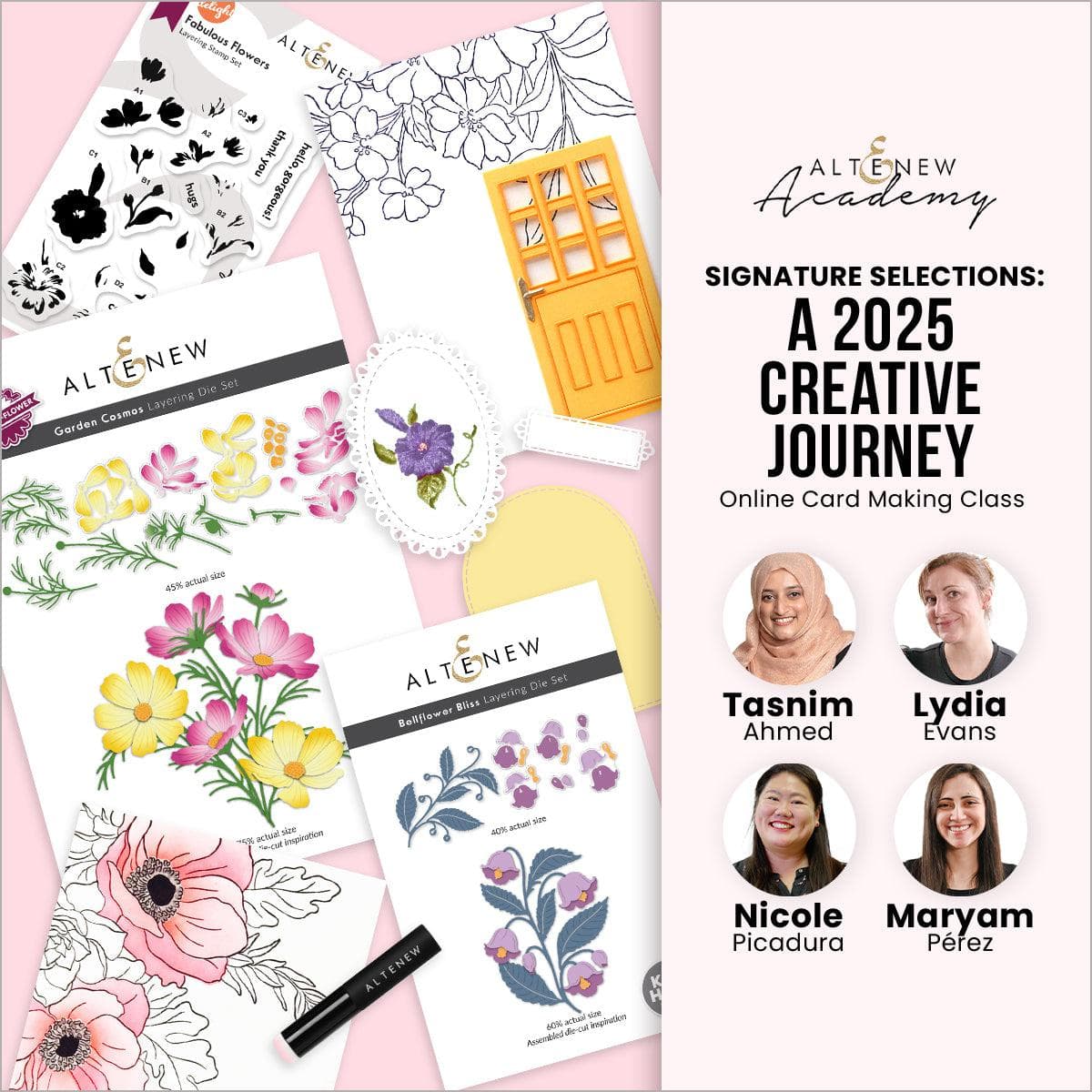 Altenew Signature Selections: A 2025 Creative Journey special workshop class sign with artistic design and workshop details.