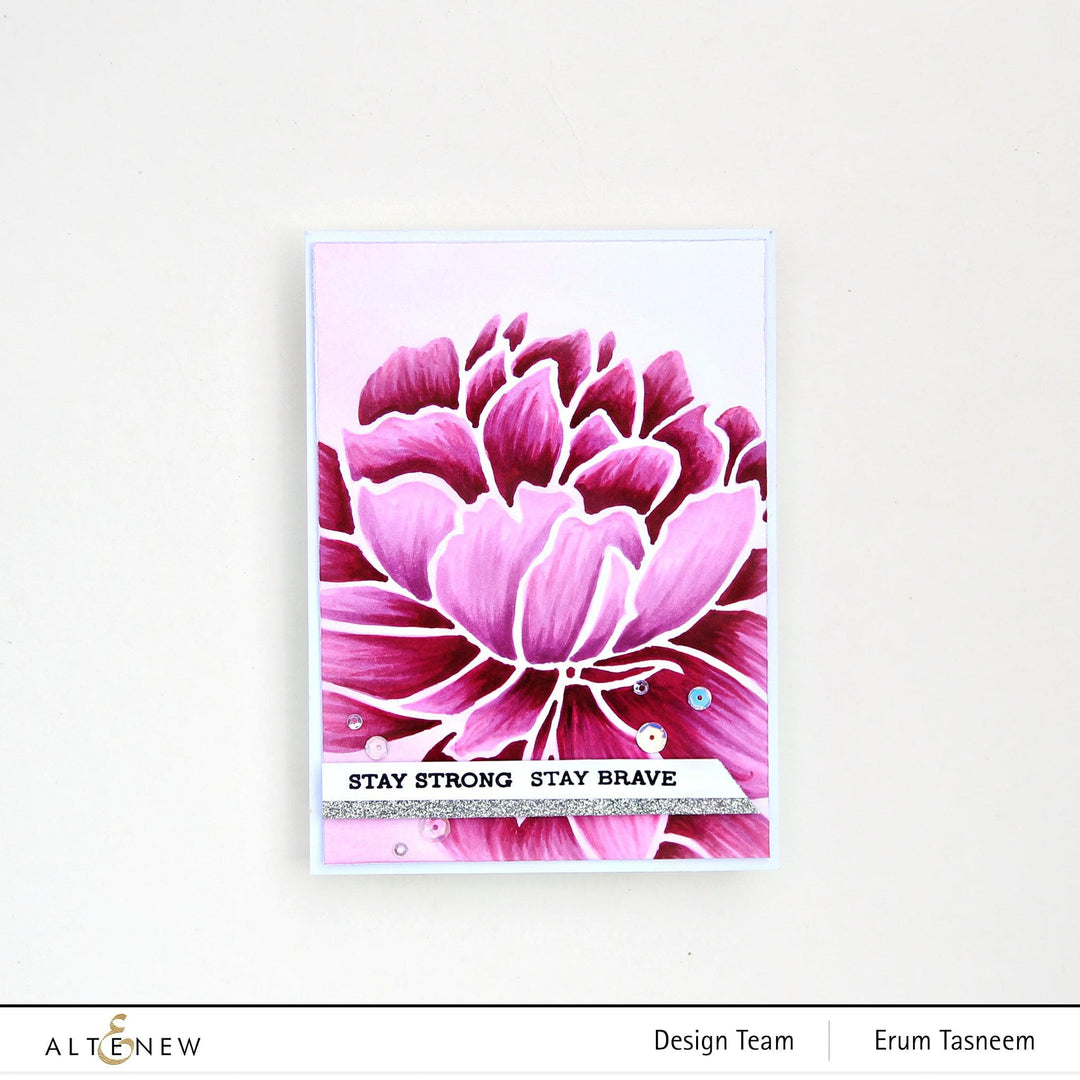 Altenew online cardmaking class featuring stunningly styled stencils shown on a colorful craft table with various stencil designs and tools.