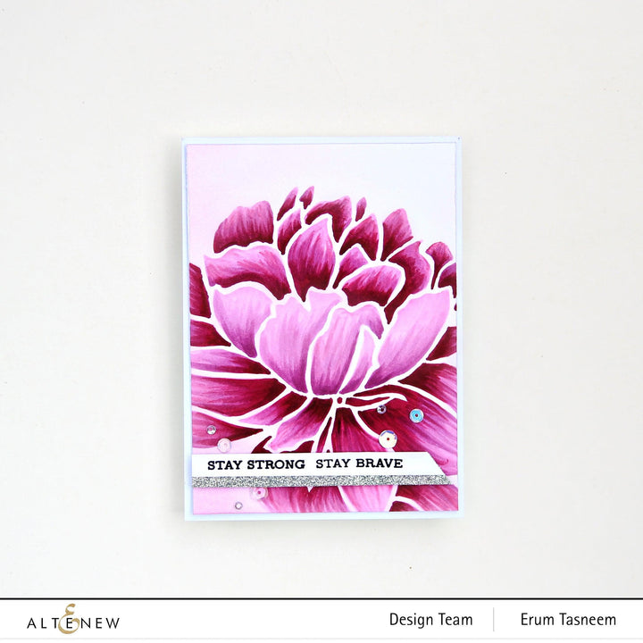 Altenew online cardmaking class featuring stunningly styled stencils shown on a colorful craft table with various stencil designs and tools.