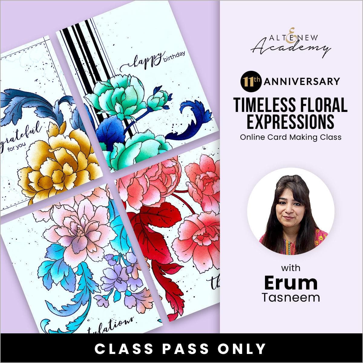On-demand Altenew floral stamp class titled Timeless Floral Expressions, showcasing floral designs and stamping techniques.