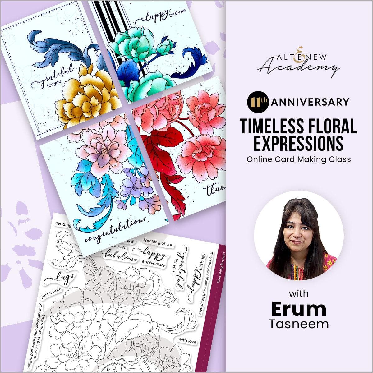 On-demand Altenew floral expressions class cover image featuring vibrant, detailed floral designs and artistic lettering.