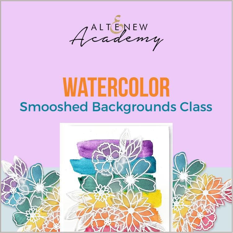 On-demand Altenew watercolor smooshed backgrounds class showing vibrant, blended watercolor techniques on paper.