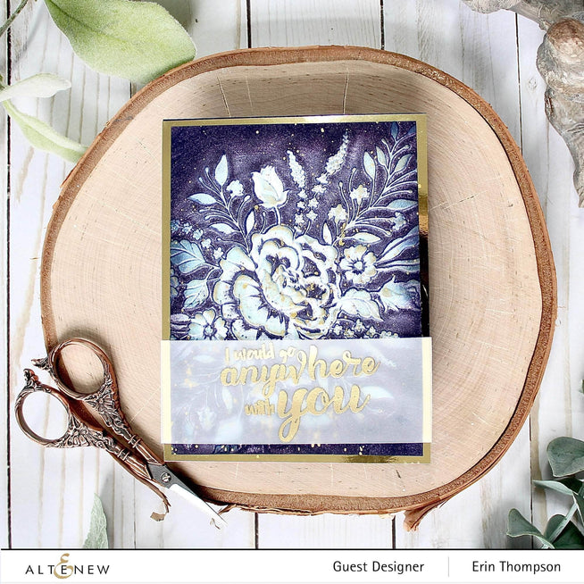 Altenew Anywhere With You clear stamp set featuring floral and sentiment designs on transparent sheets for crafting projects.