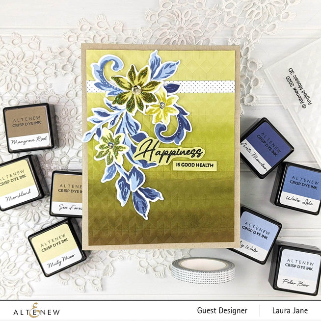 Altenew Blissful Blossoms clear stamp set featuring floral designs and intricate patterns for creative card making and crafting.