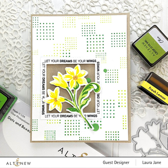 Altenew Blissful Blossoms clear stamp set with floral designs and intricate patterns for crafting and card making.
