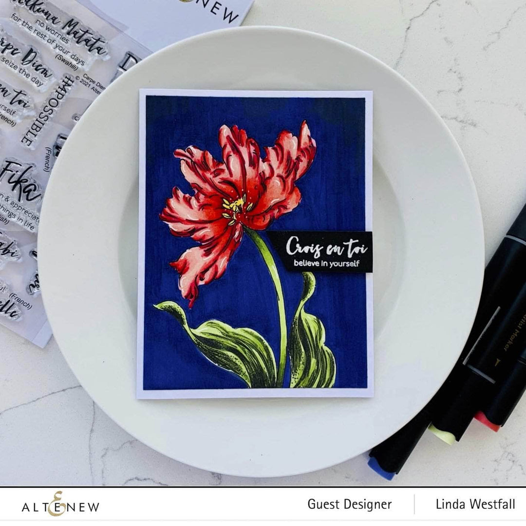 Altenew Blooming Tulips Clear Stamp Set featuring detailed tulip flower designs for crafting and card-making projects.