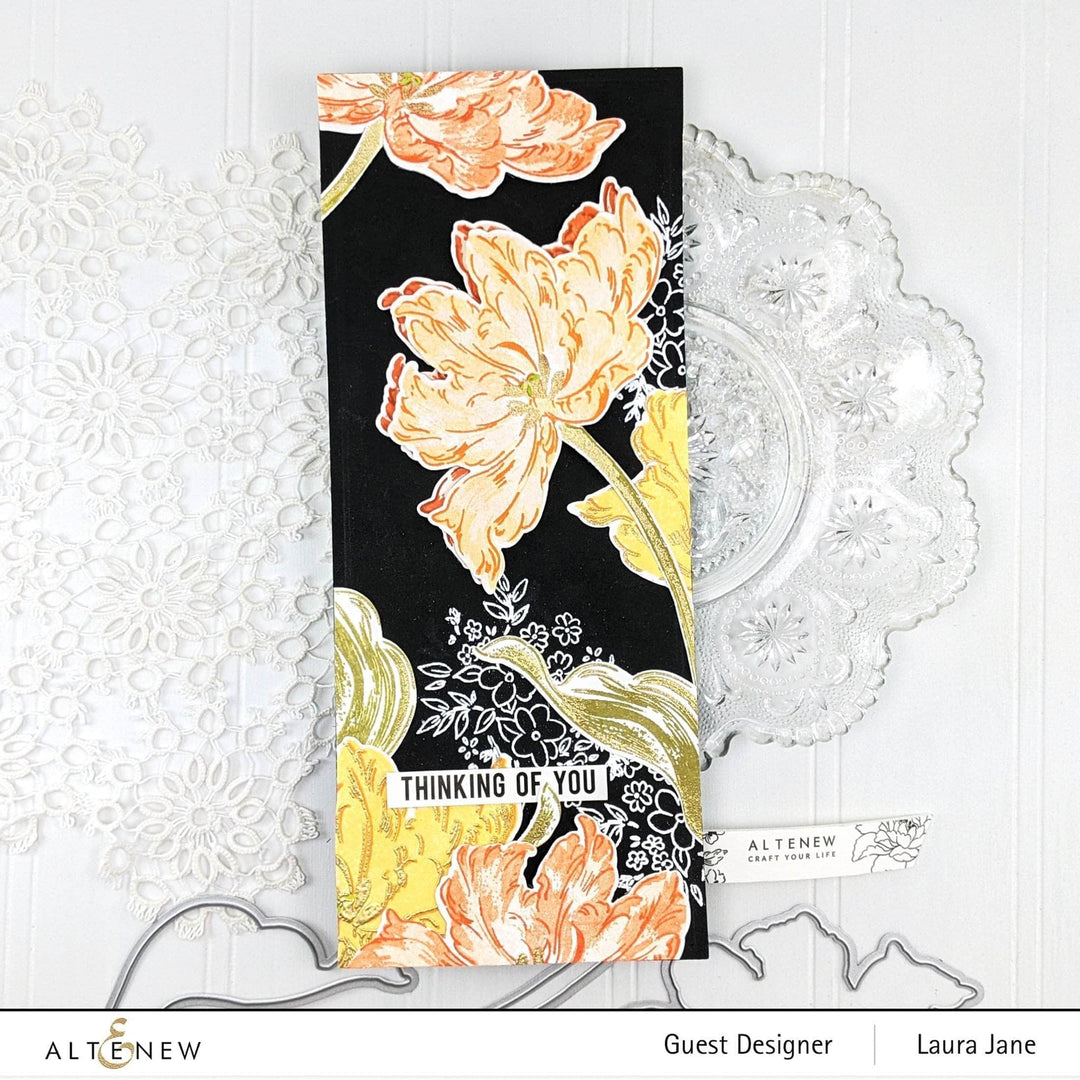 Altenew Blooming Tulips clear stamp set featuring detailed tulip flower designs for crafting and card-making projects.