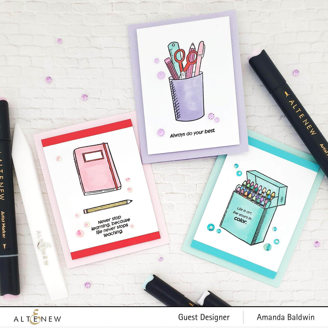 Altenew colorful crayons clear stamp set with vibrant crayon illustrations on transparent acrylic stamps for crafting.