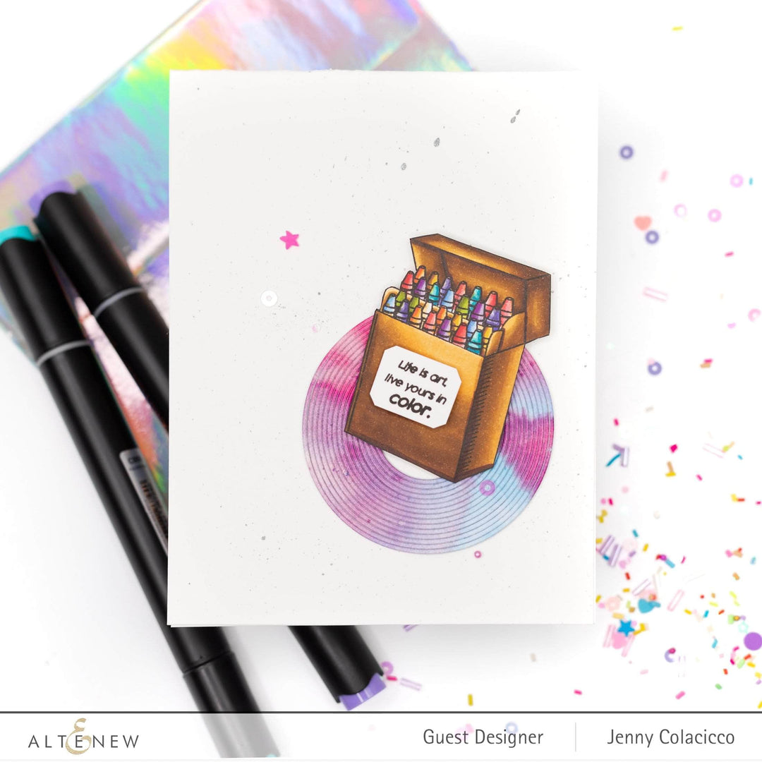 Set of colorful Altenew clear crayon-themed stamps featuring vibrant crayon illustrations for creative crafting projects.