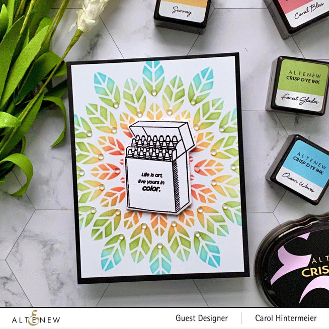 Set of colorful crayon-themed clear stamps by Altenew featuring vibrant crayon images for crafting and card-making projects.