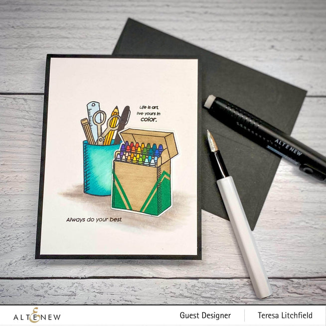 Altenew colorful crayons clear stamp set featuring vibrant crayon designs on transparent stamps for creative crafting.