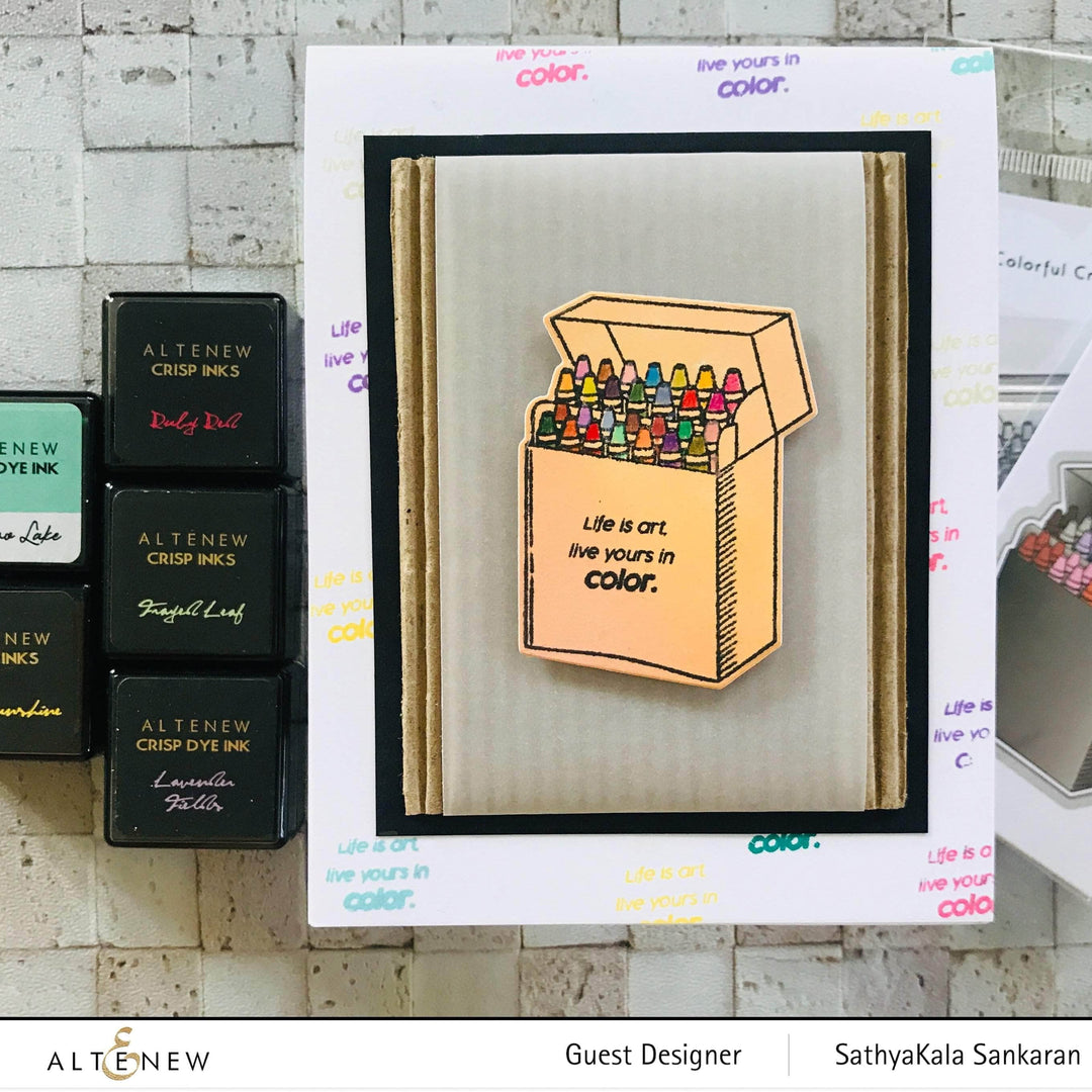 Altenew colorful crayons clear stamp set featuring vibrant crayon illustrations on transparent stamps for crafting projects.