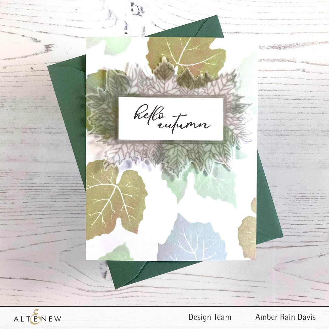 Altenew grape leaves clear stamp set featuring detailed leaf designs on transparent acrylic sheets for crafting and card making.