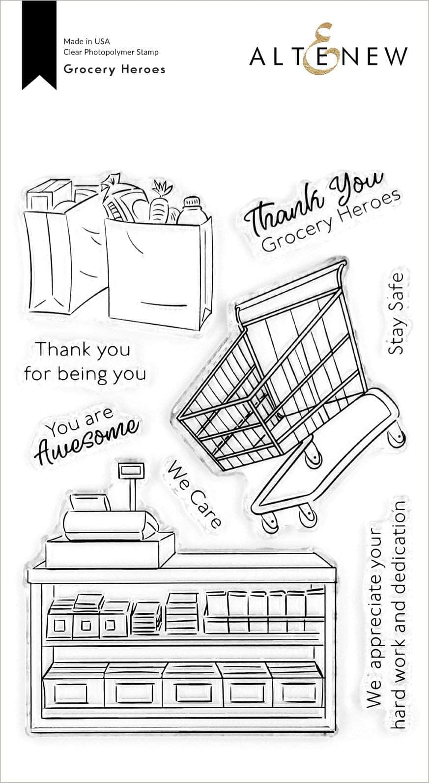 Altenew Grocery Heroes Clear Stamp Set featuring colorful grocery-themed stamps on transparent sheets for crafting and card making.