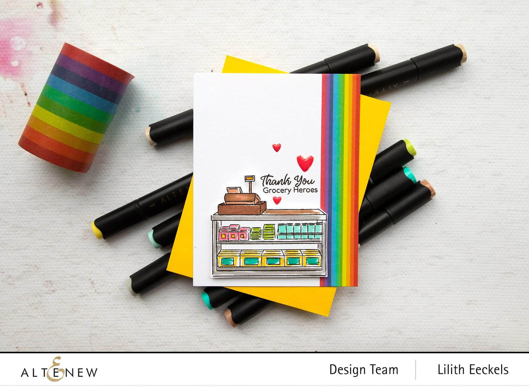Set of Altenew Grocery Heroes clear stamps featuring colorful grocery-themed images for crafting and card making.