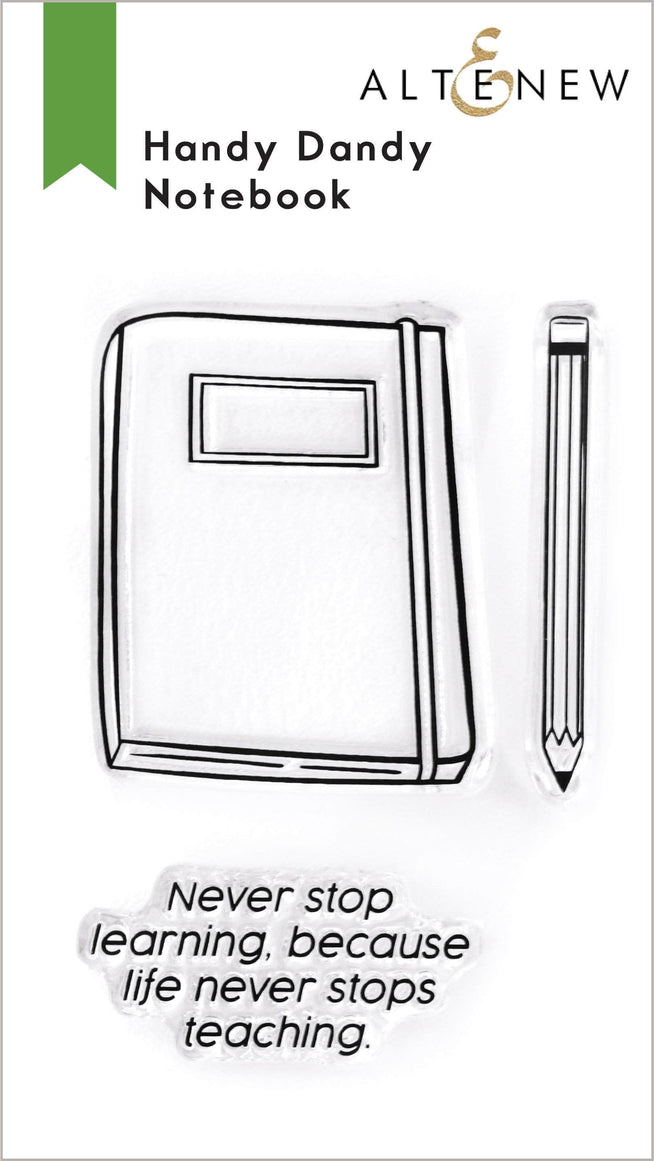 Altenew Handy Dandy Notebook Clear Stamp Set with various notebook and writing-themed stamps on transparent sheets