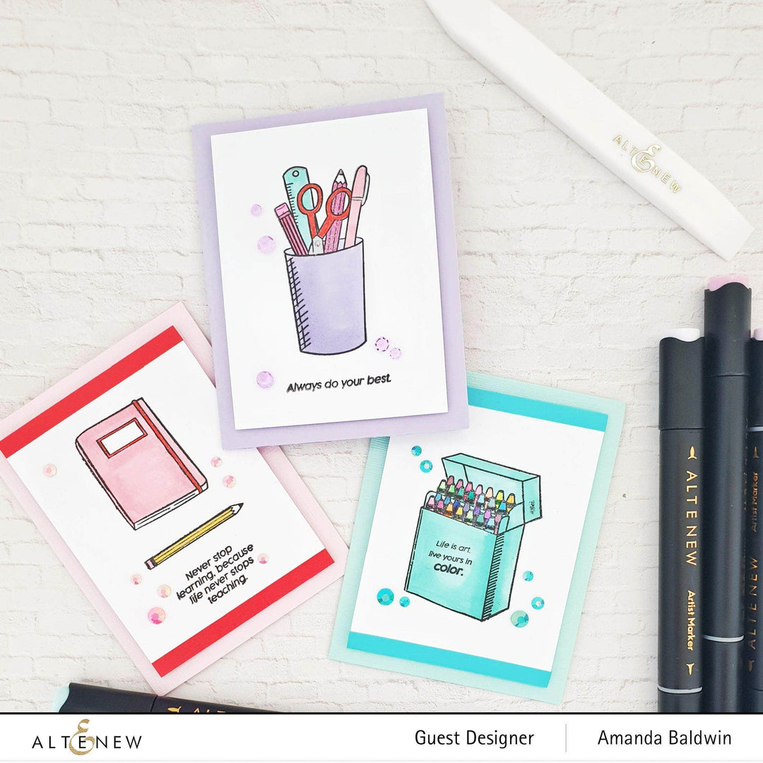 Altenew Handy Dandy Notebook Stamp Set of clear stamps with various notebook and planner-themed designs on transparent sheets.