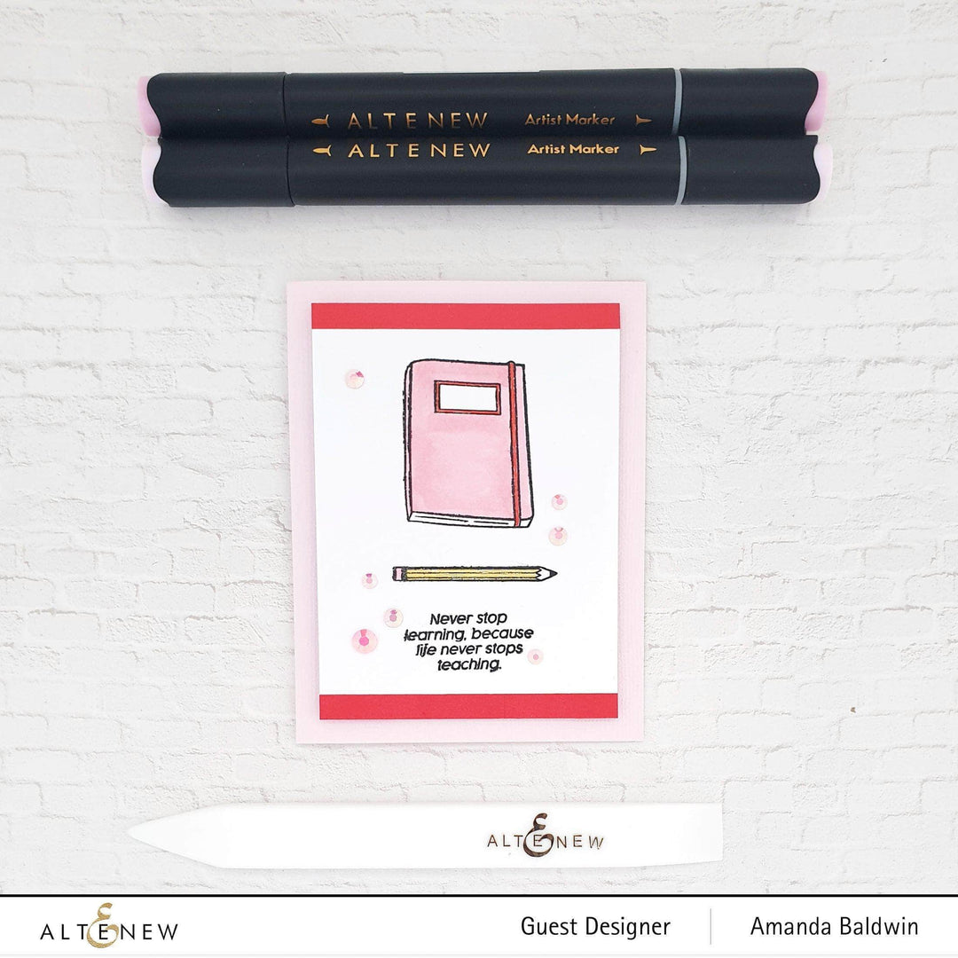 Altenew Handy Dandy Notebook Clear Stamp Set featuring various notebook and writing-themed images for crafting.