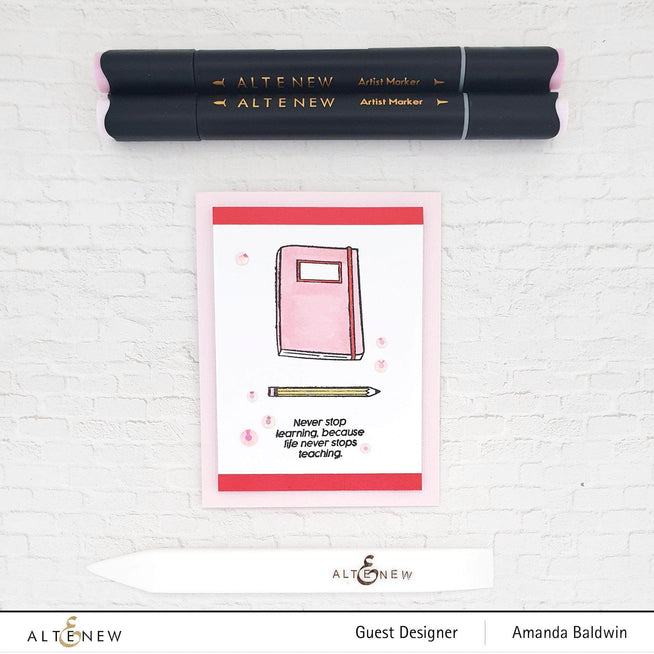 Altenew Handy Dandy Notebook Clear Stamp Set featuring various notebook and writing-themed images for crafting.