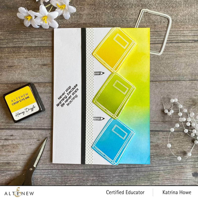 Altenew Handy Dandy Notebook Clear Stamp Set featuring various notebook and stationery-themed stamps for crafting and card making.