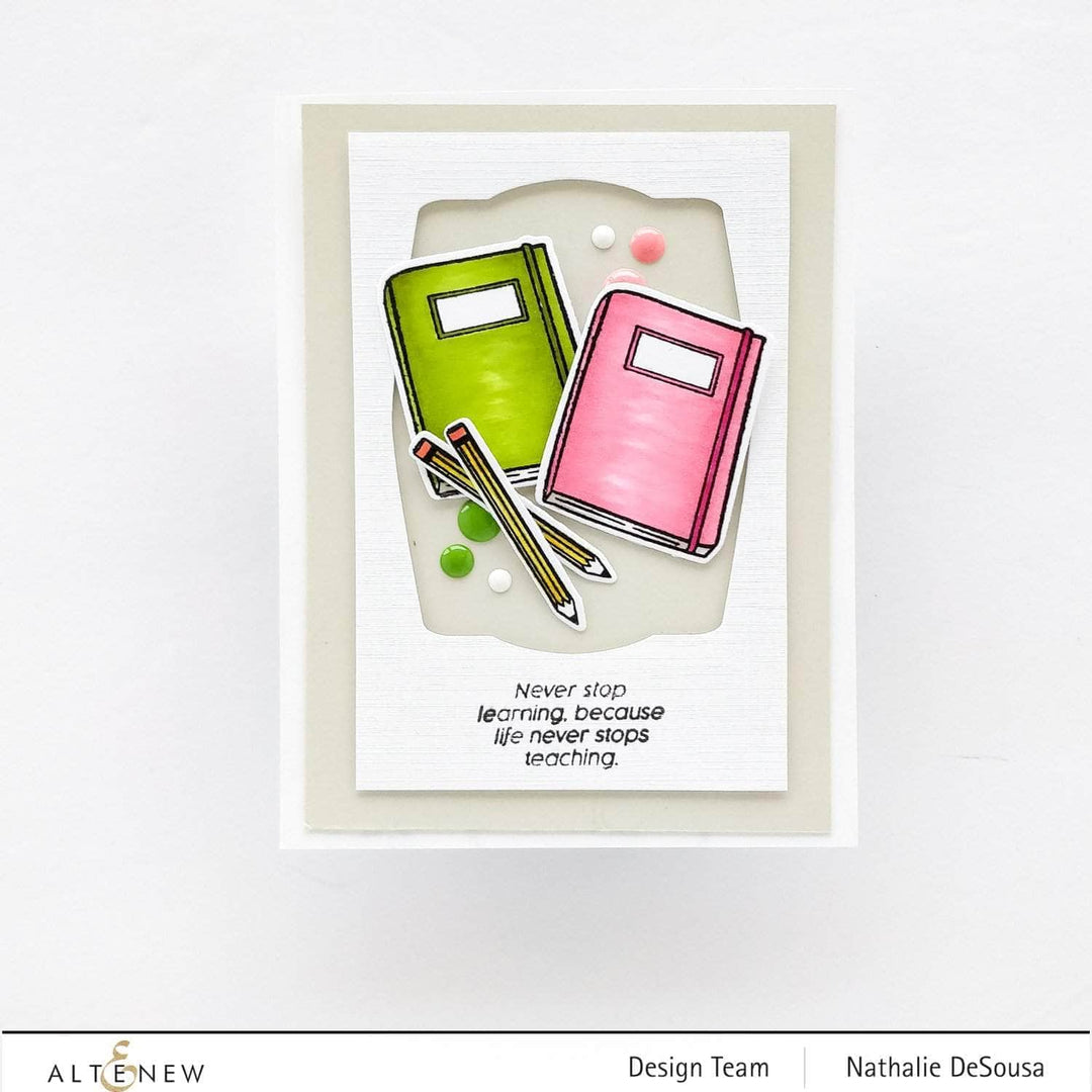 Altenew Handy Dandy Notebook Stamp Set of clear stamps featuring various notebook and writing-themed designs for crafting.