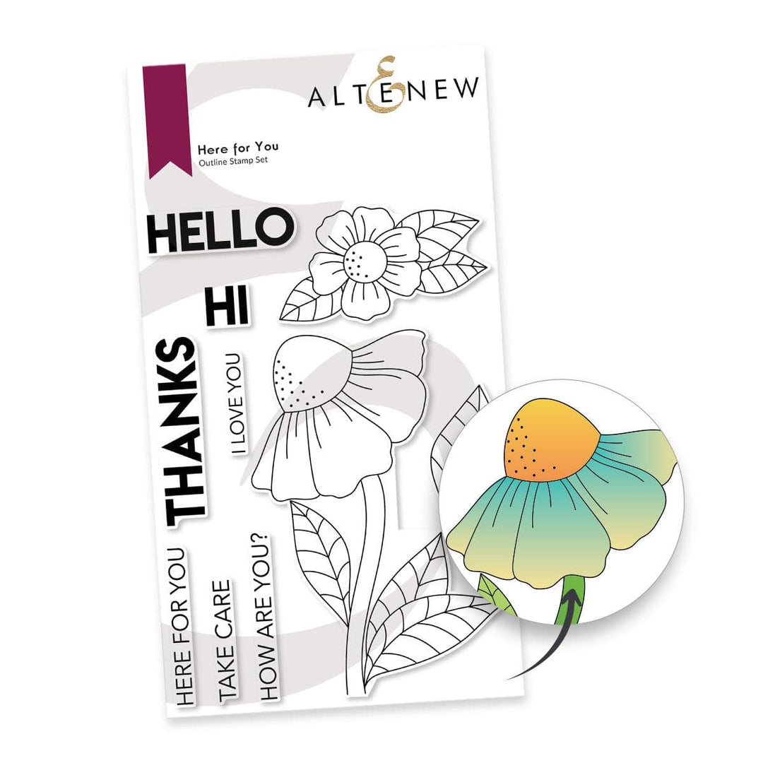 Altenew Here for You clear stamp set with heartfelt sentiment designs on transparent acrylic sheets for card making.
