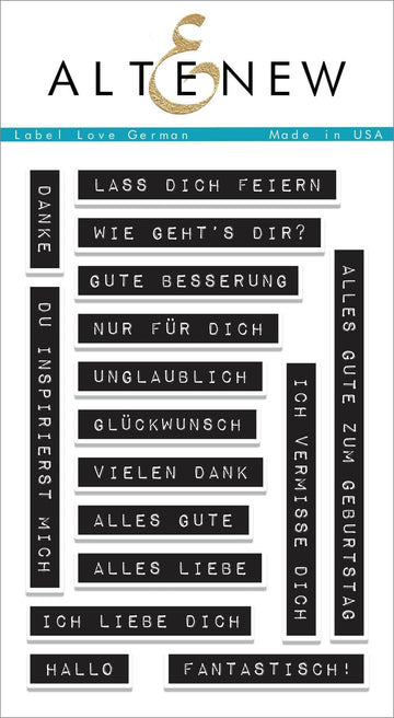 Altenew Label Love German stamp set with clear stamps featuring label and decorative designs for crafting projects