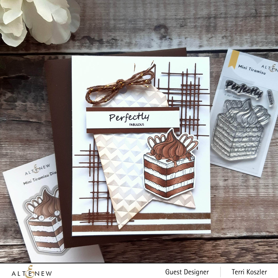 Altenew Mini Tiramisu Clear Stamp Set with small coffee and dessert-themed stamps on transparent sheets for crafting.
