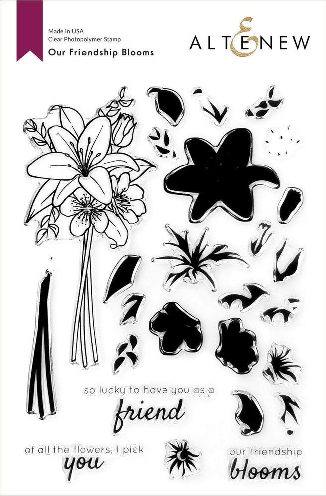 Altenew Friendship Blooms clear stamp set with floral and friendship-themed designs for card making and crafts.