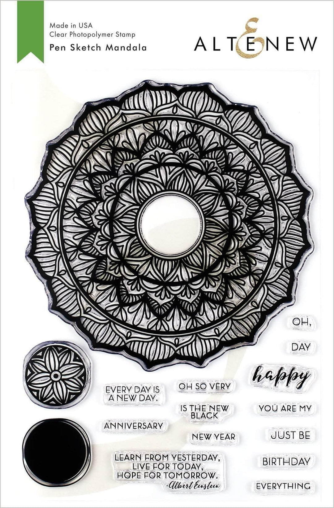 Altenew Pen Sketch Mandala Clear Stamp Set featuring intricate mandala designs on transparent stamps for crafting.