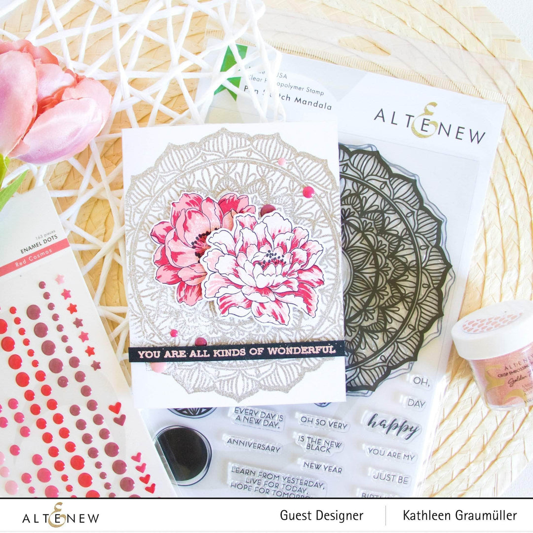 Altenew Pen Sketch Mandala Stamp Set featuring clear rubber stamps with intricate mandala designs for crafting and stamping projects.