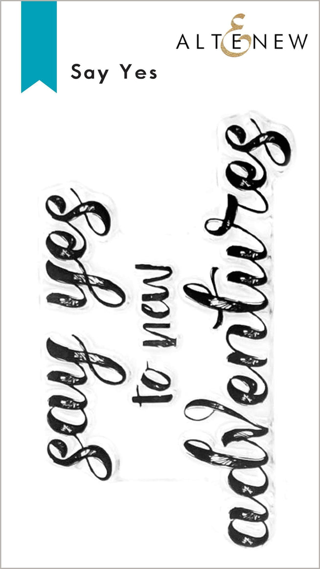 Altenew Say Yes clear stamp set with various motivational words and phrases for card making and crafting projects.