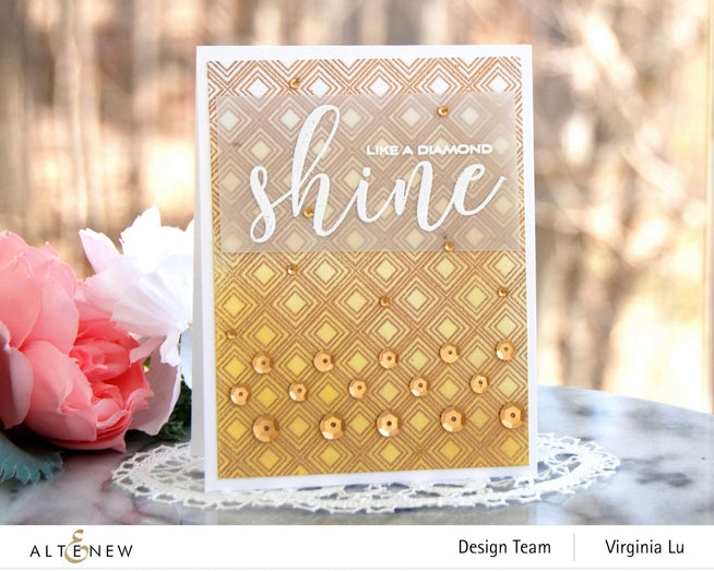 Altenew Shine Like a Diamond clear stamp set with intricate diamond and star designs on transparent rubber stamps.