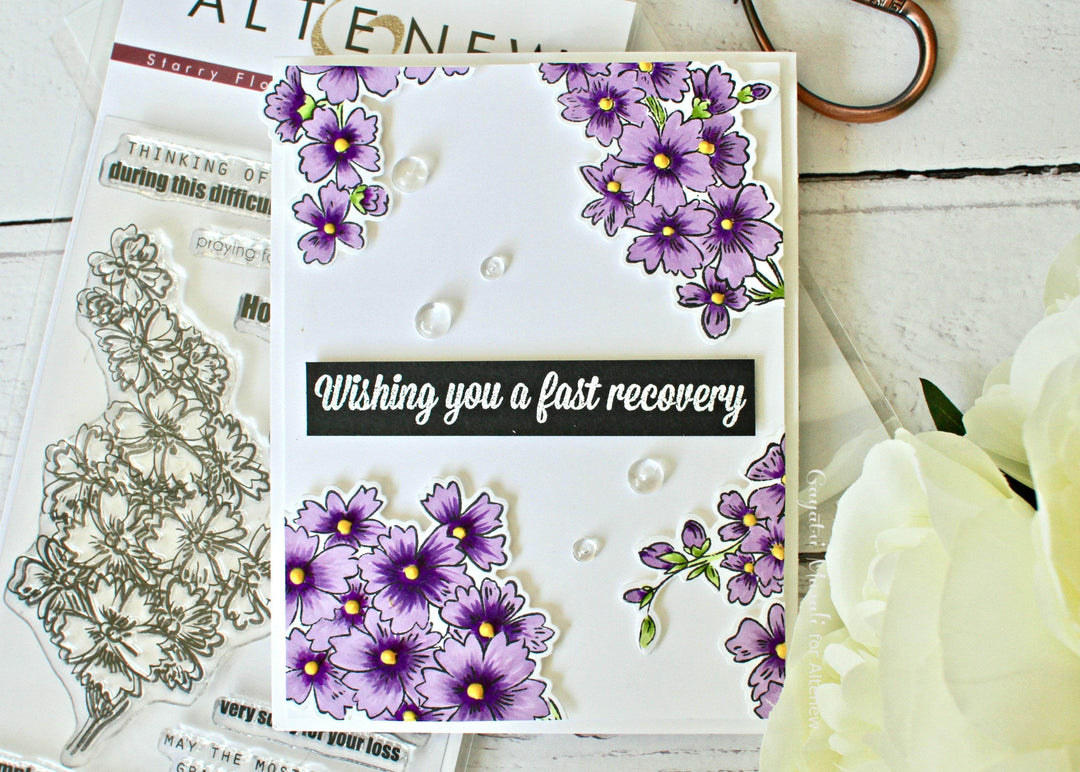 Altenew Starry Flowers Clear Stamp Set featuring floral and starry designs for creative card making and crafting projects.