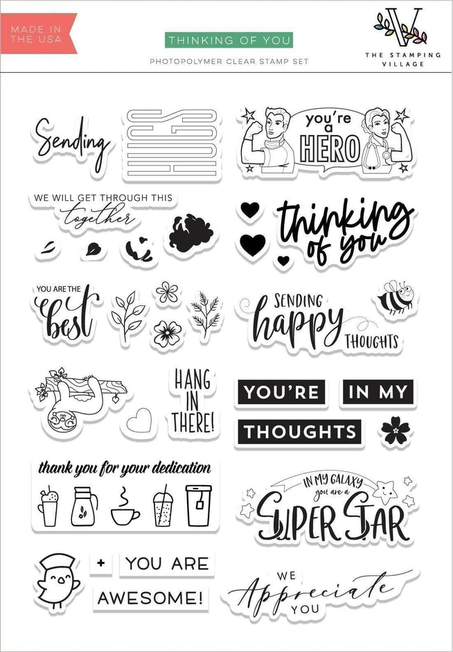 Altenew Thinking of You clear stamp set from The Stamping Village with floral and sentiment designs on transparent sheets.