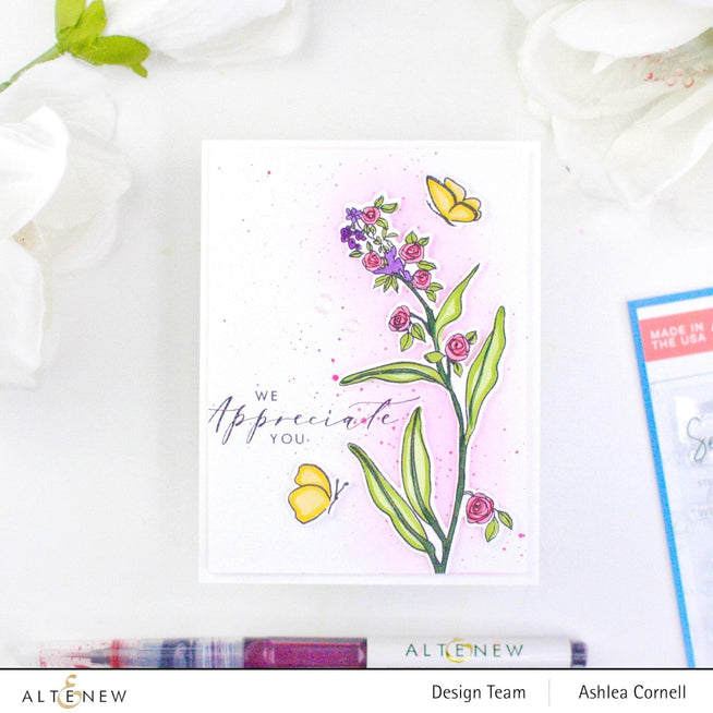Clear stamp set titled "Thinking of You" by Altenew from The Stamping Village, featuring floral and sentiment designs for card making.